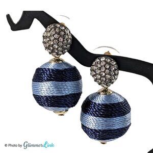 Blue Striped Thread Wrapped Ball Bead Bon Bon Dangle Earrings With Pave Studs